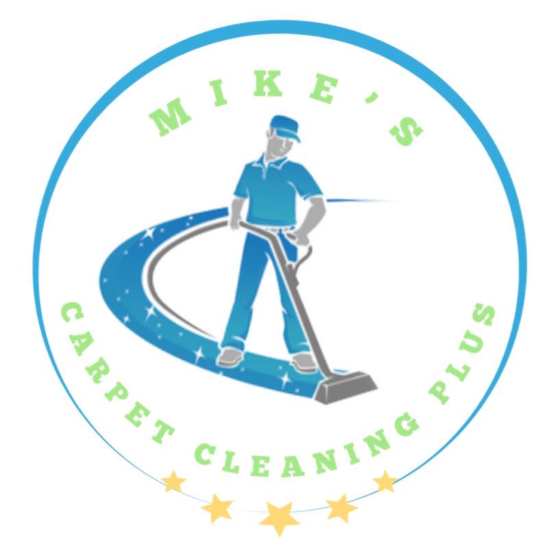 Mike's Carpet Cleaning Plus Logo - A technician cleaning a carpet inside a circle